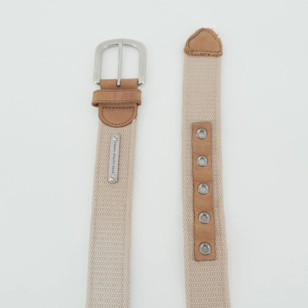 Fossil Web Belt Mens 36-38 Khaki Canvas Leather Utility Gear MB4064250